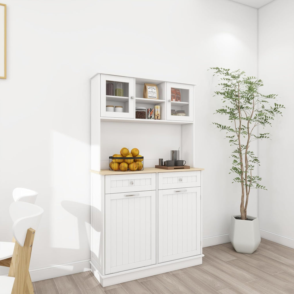 68' 3-Adjustable-Shelf Freestanding Storage Cabinet, Kitchen Storage Bakers Rack with Trash Cabinet, Utility Food Cupboard for Home, White