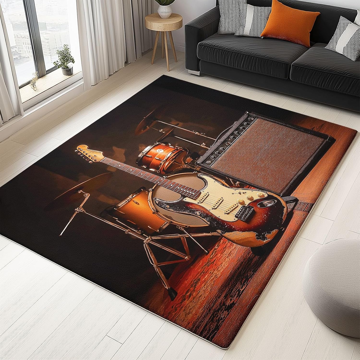 Retro Style Drum Set Guitar Area Rug 5 x 8 ft Washable Large Runner, Black Soft Low Pile Non-Slip Carpet, for Living Room Home Carpet Non Skid Floor Mat