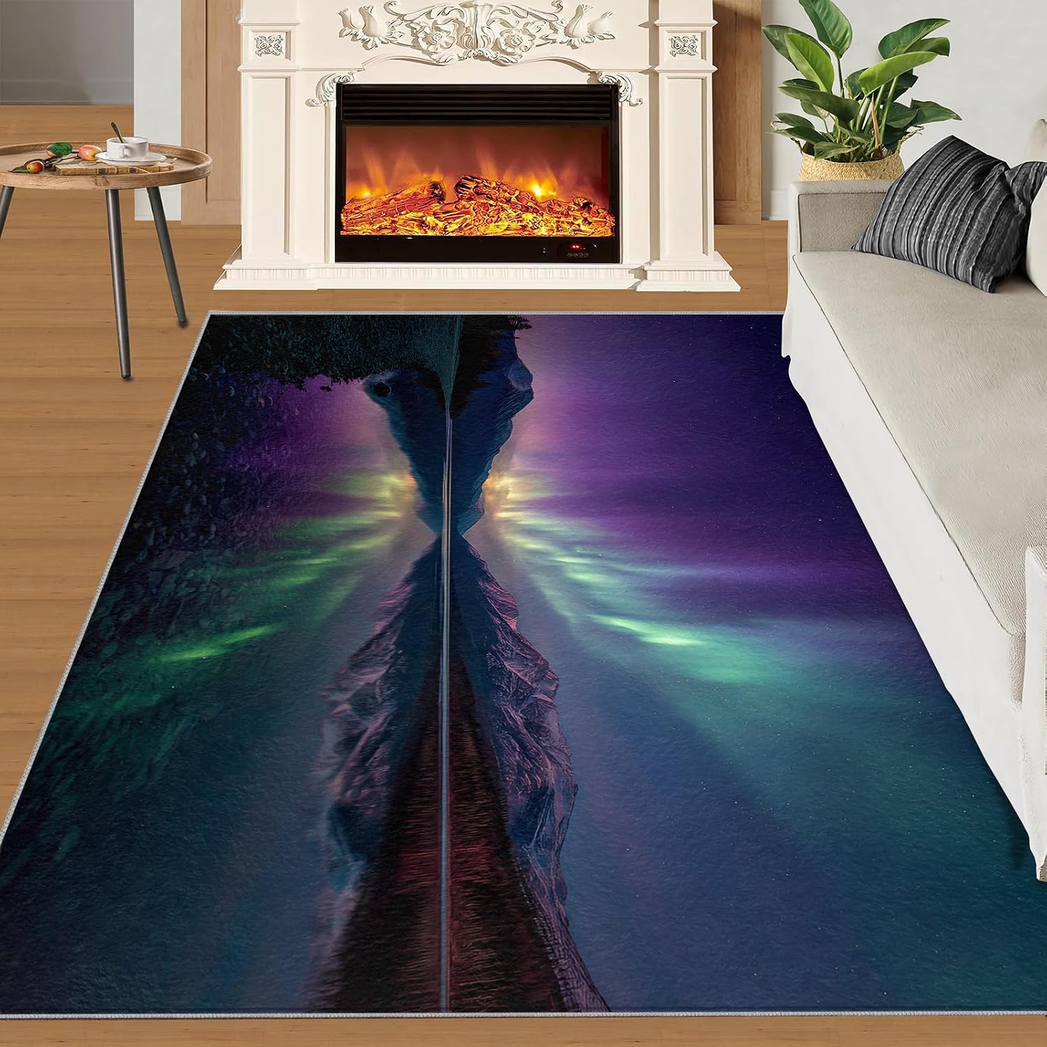 Aurora Rugs for Bedroom, Northern Lights Rug 6x8, Polar Landscapes Dining Room Rugs Washable & Non Slip Large Carpet for Home Decor