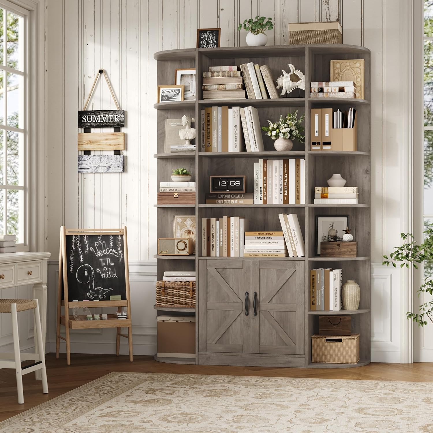 HOSTACK 75' Tall Book Shelf and Bookcase, 6 Tier Bookshelf with Storage, 47' Wide Bookcase with Door, Freestanding Wood Display Shelves with Book Storage Cabinet for Home Office, Living Room, Ash Grey