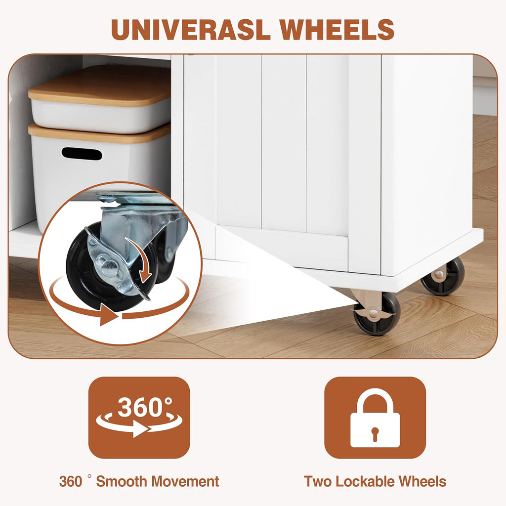 JY QAQA 42' Rolling Kitchen Island Cart with Storage, Drop Leaf Countertop, Drawers & Towel Rack, Mobile Kitchen Table on Wheels for Kitchen Dining Room, White