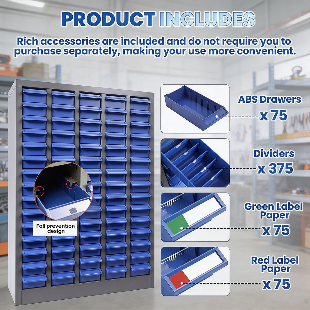 75 Drawers Parts Cabinet Bolt and Nut Tool Storage Cabinet, ABS Material Hardware Organizer, Adjustable Bolt Bin, Bolt Bins Organizer for Shop