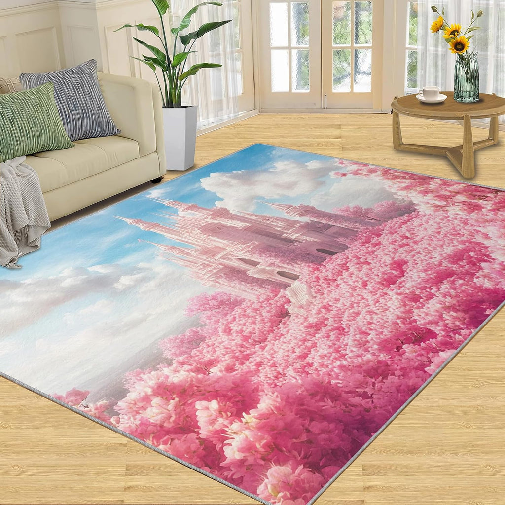 Fairy Castle Rugs for Bedroom, Pink Castle Rug 6x8, Romantic Fairy Tale Dining Room Rugs Washable & Non Slip Large Carpet for Home Decor