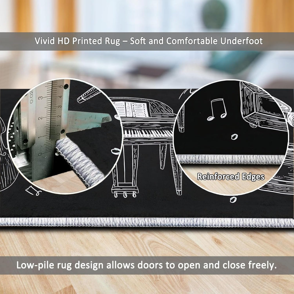 Area Rug Hand-Drawn Instruments Guitar Piano Drums 5 x 7 ft Home Decor Floormat Carpet, Black Non-Slip Easy Clean Washable Rug for Living Room Bedroom Entry Office Hardwood Floor