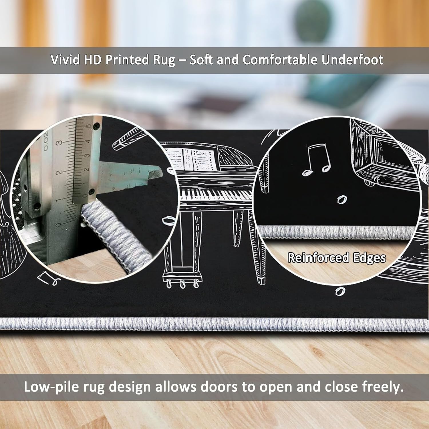 Low-Pile Rug Hand-Drawn Instruments Guitar Piano Drums 6 x 8 ft Area Rug, Black Non-Slip Carpet Floor Mat Indoor Outdoor Rugs for Living Room Bedroom Kids Room Home Decor Throw Runner