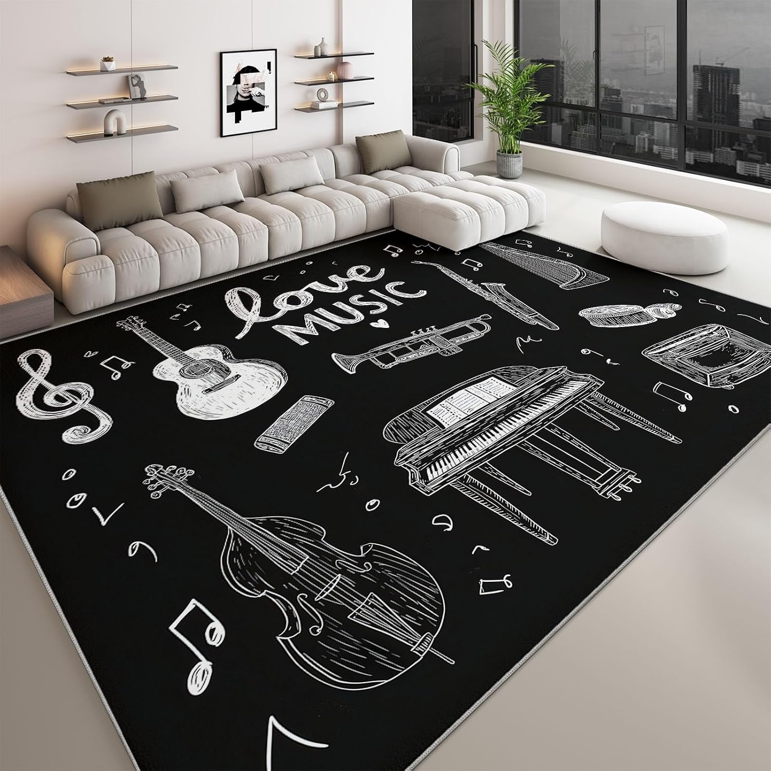Washable Area Rug 5 x 8 ft, Hand Drawn Instruments Guitar Piano Soft Print Kids Area Rugs for Living Room - Non-Slip Stain Resistance Black Indoor Carpet for Bedroom Kid Nursery Playroom