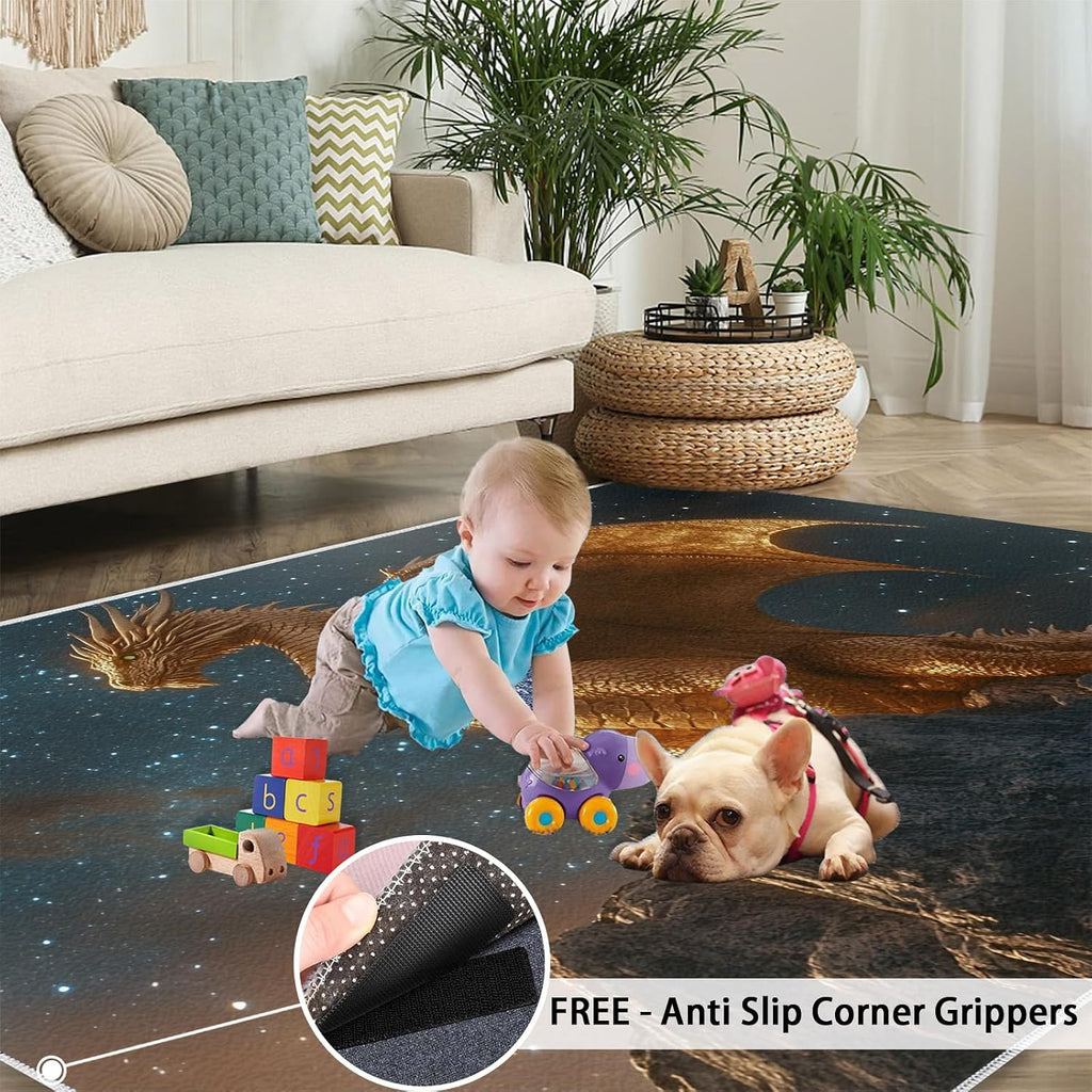 Dragon Rug 6x8, Golden Dragon Rugs for Boys Room, Mythical Creatures Area Rugs for Bedroom, Low Pile Non Slip Carpet for Computer Game Room Dormitory Decor