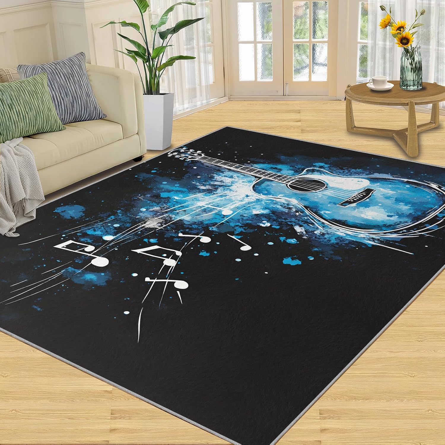 7x10 Guitar Area Rug - Music Large Rug for Bedroom, Instrument Big Rug for Kids Soft Easy to Clean for Dining Room Men Room Garage Decor