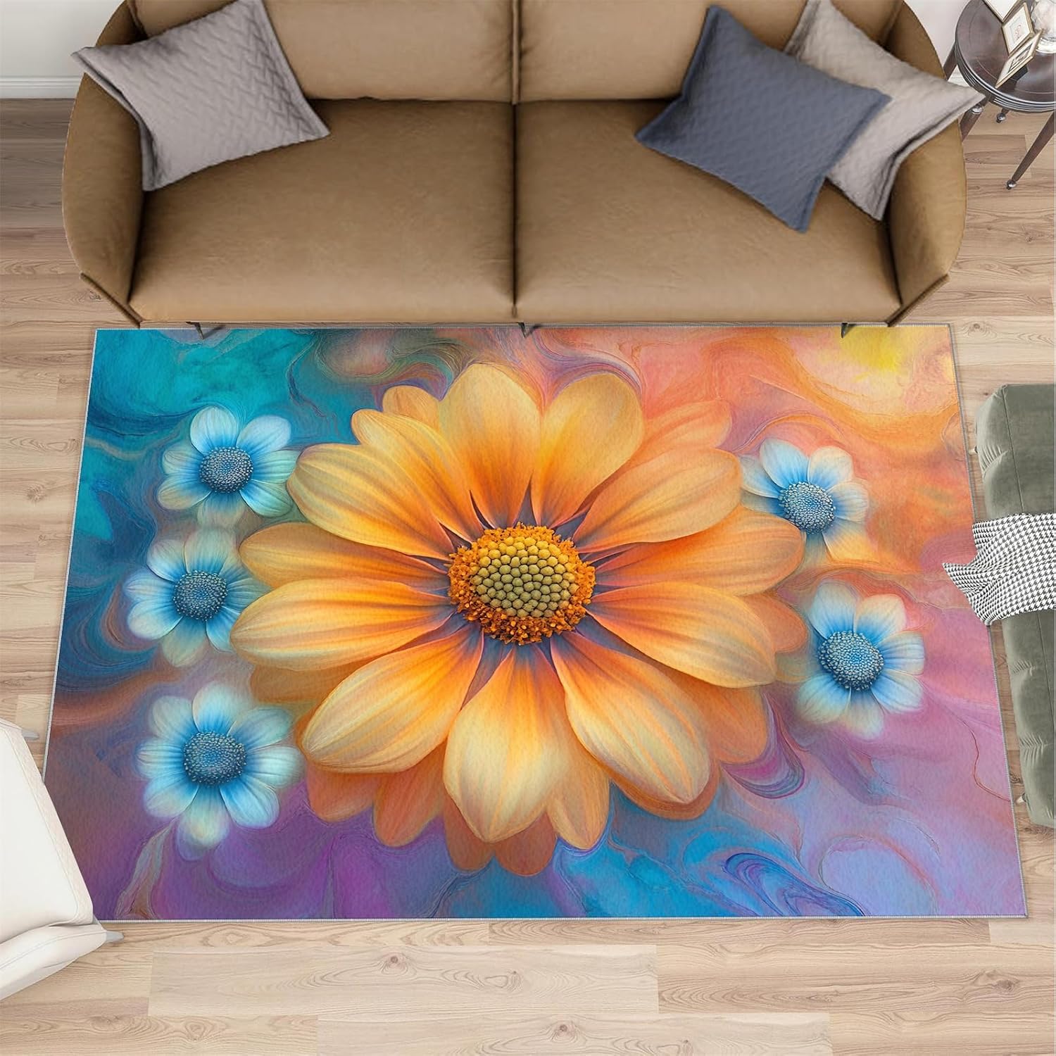 6x8 Florals Area Rug - Abstract Florals Large Rugs for Living Room, Watercolor Flowers Carpet Area Rug for Girls Bedroom Kids Room Basement Office Classroom