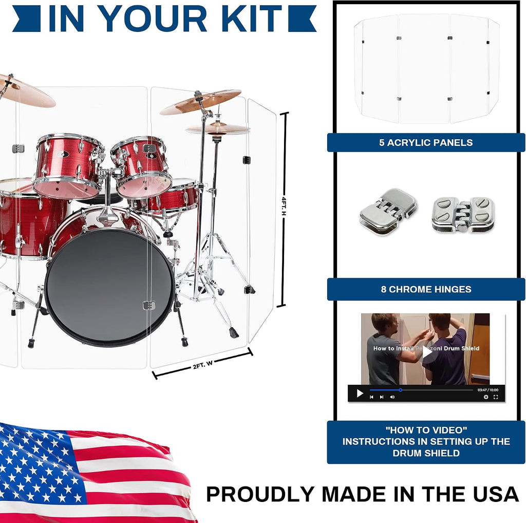 PENNZONI Drum Shield 4ft w/Chrome Hinges, Comes w/ 6 Drum Panels, & 10 Chrome Hinges, Premium Clear Acrylic Panels, Drum Screen