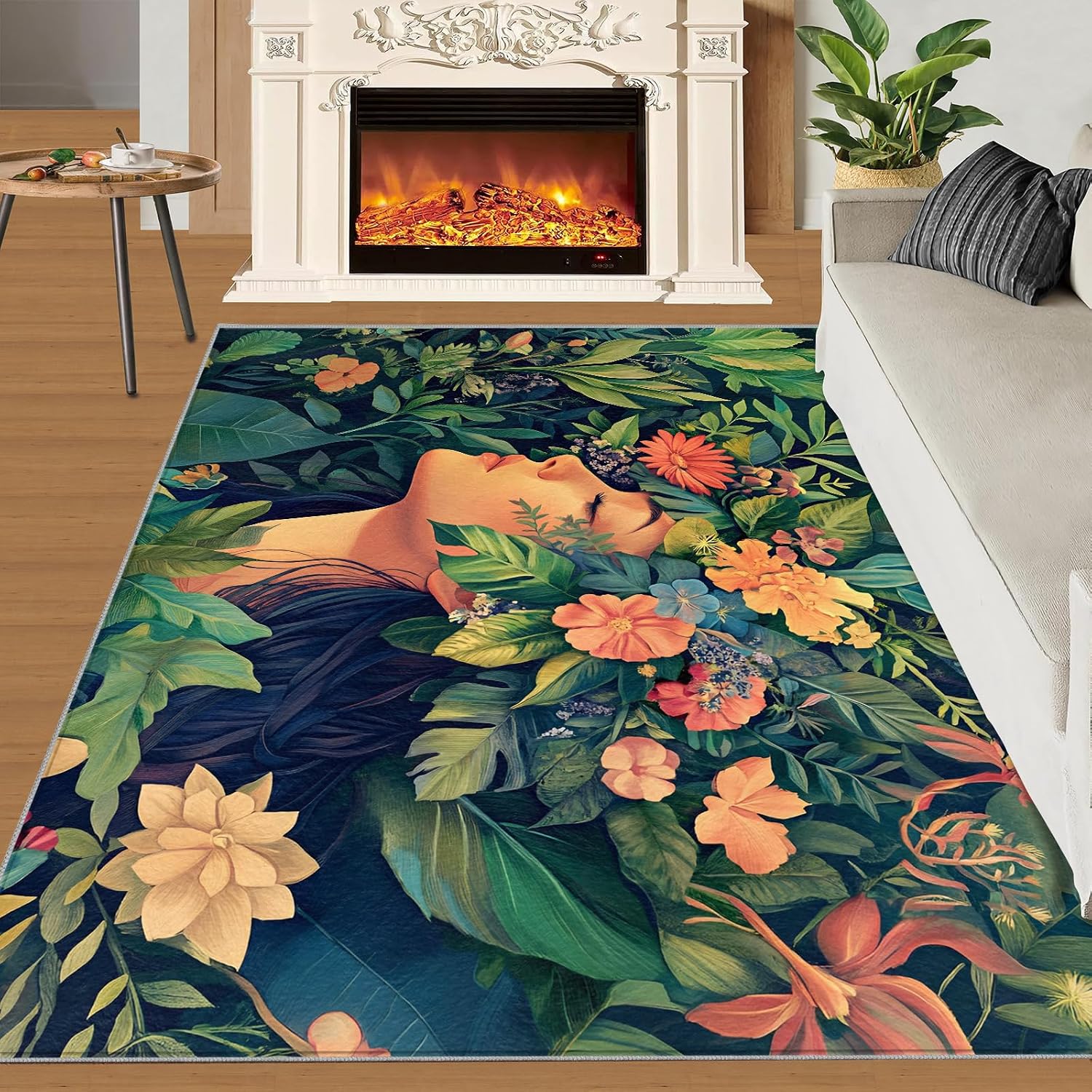 6x8 Florals Garland Woman Area Rug - Flowers Large Rugs for Living Room, Natural Plants Carpet Area Rug for Girls Bedroom Kids Room Basement Office Classroom