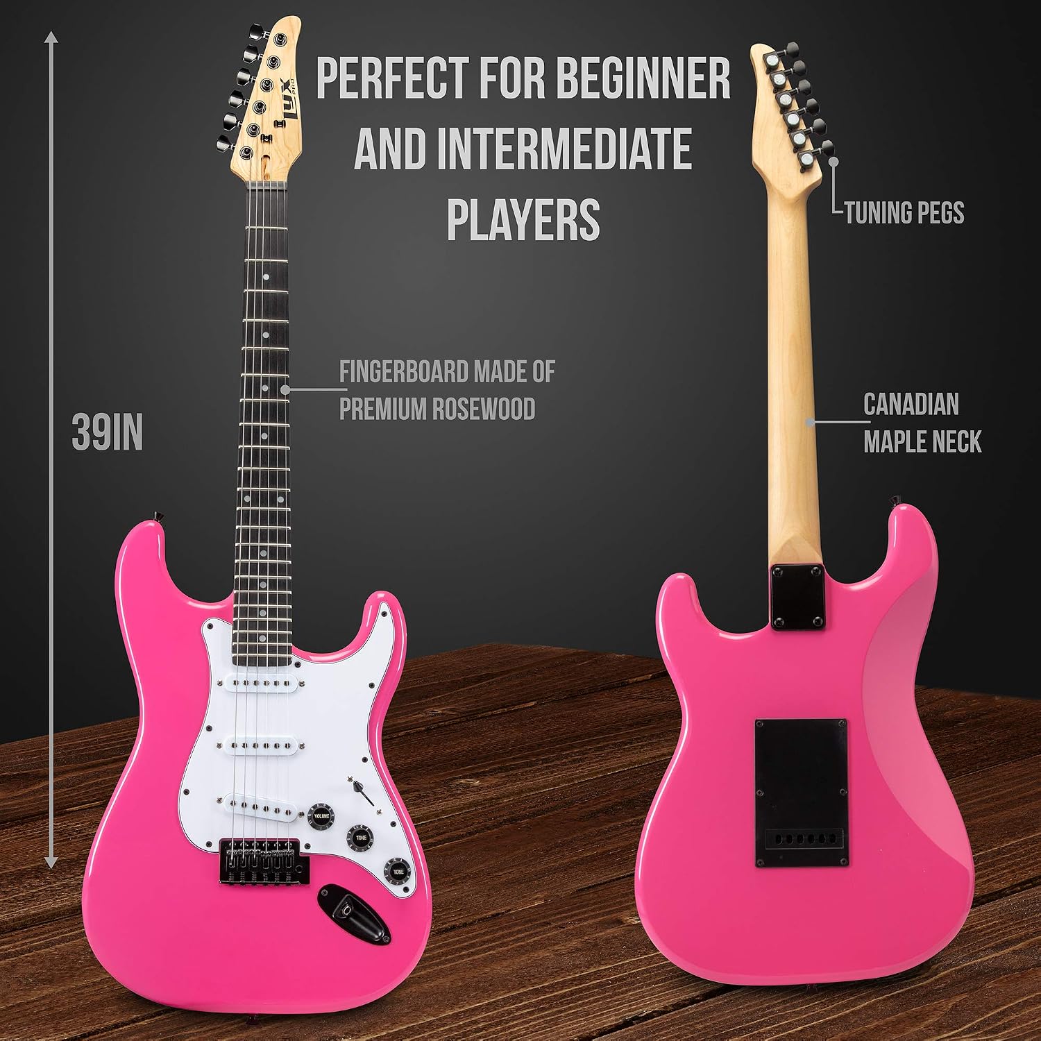 LyxPro 39' inch Full Size Electric Guitar with 20w Amp, Package Includes All Accessories, Digital Tuner, Strings, Picks, Tremolo Bar, Shoulder Strap, and Case Bag Complete Beginner Starter kit - Pink