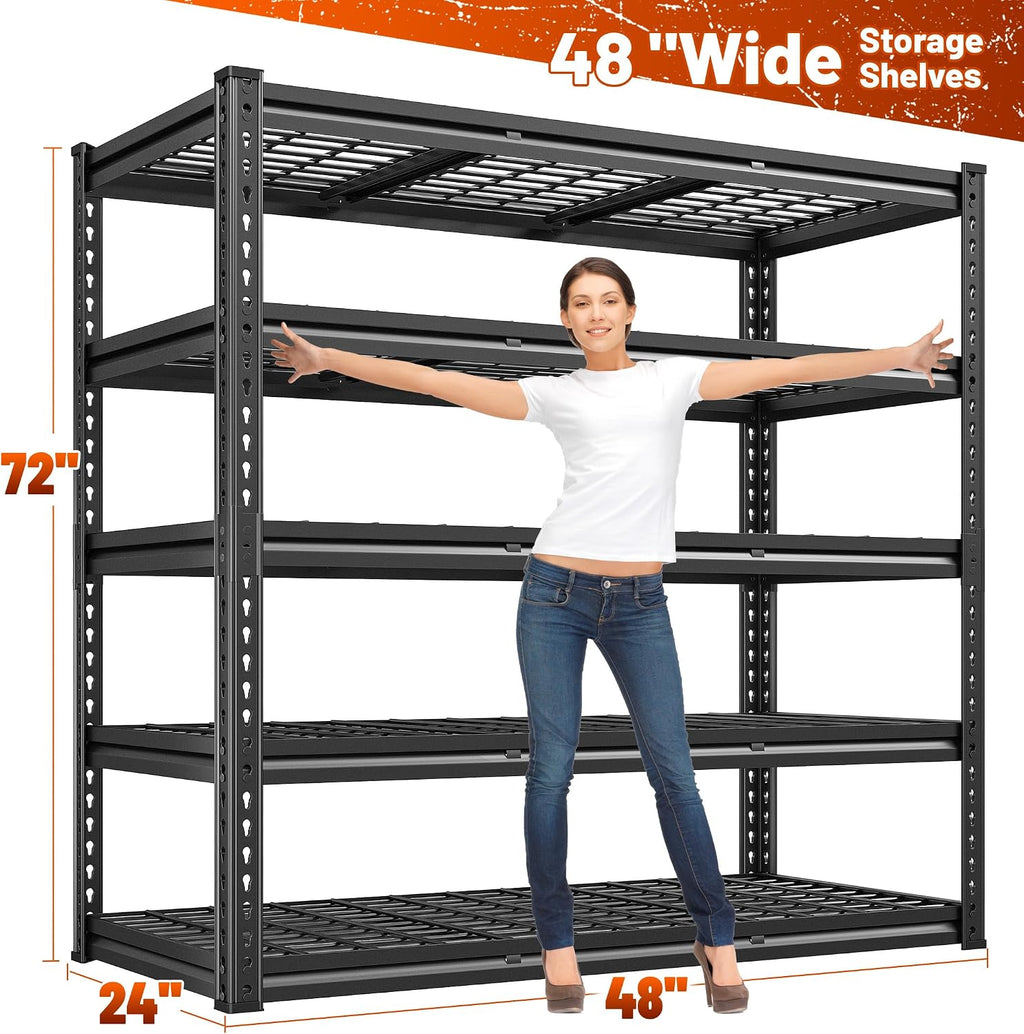 REIBII 48''W Garage Shelving,Adjustable Reinforcing Wire Mesh for Basement | 3000LBS Metal Shelving Unit, double-layer thickened metal support posts for Warehouse 5 Tier 48' W x 24' D x 72' H