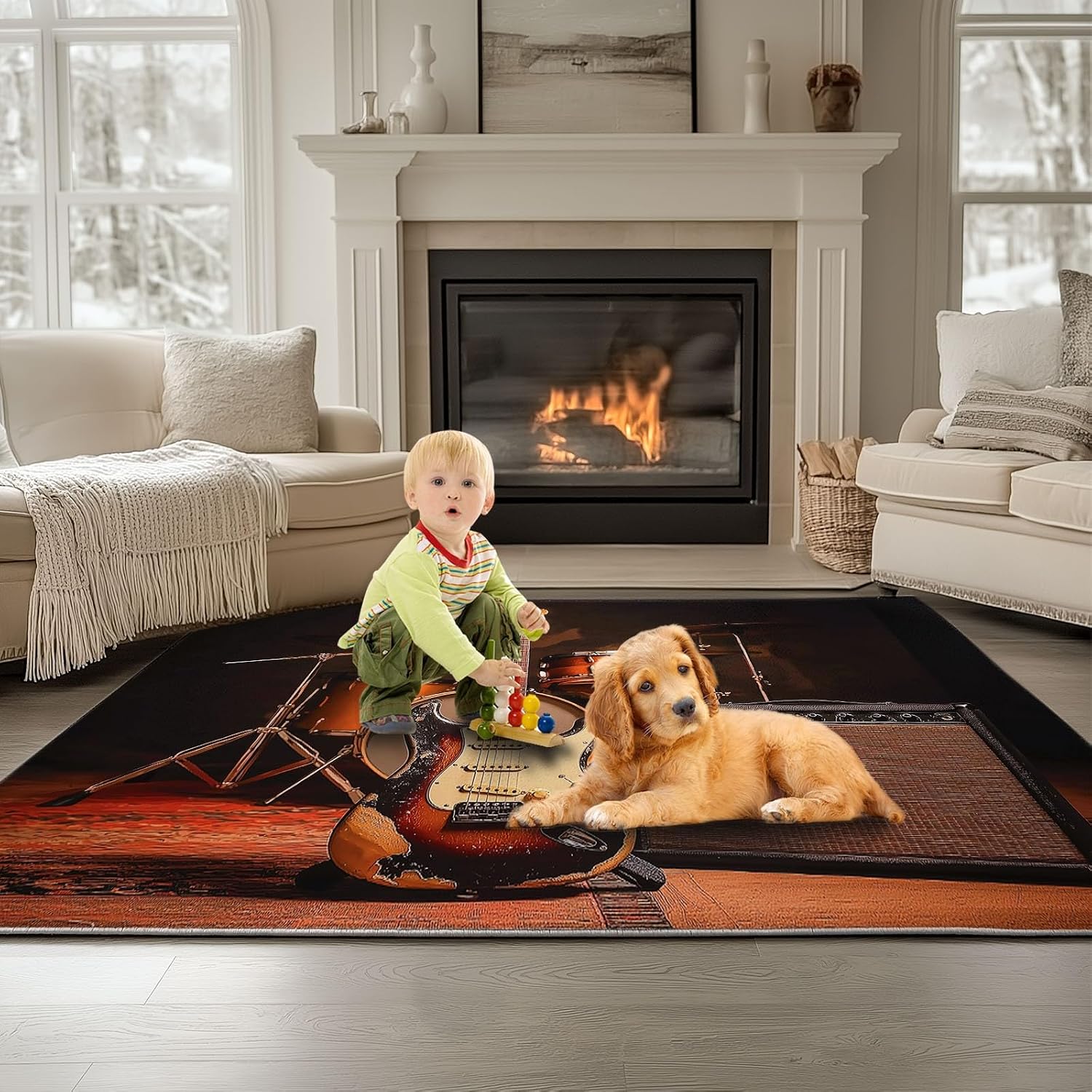 Retro Style Drum Set Guitar Area Rug 5 x 8 ft Washable Large Runner, Black Soft Low Pile Non-Slip Carpet, for Living Room Home Carpet Non Skid Floor Mat
