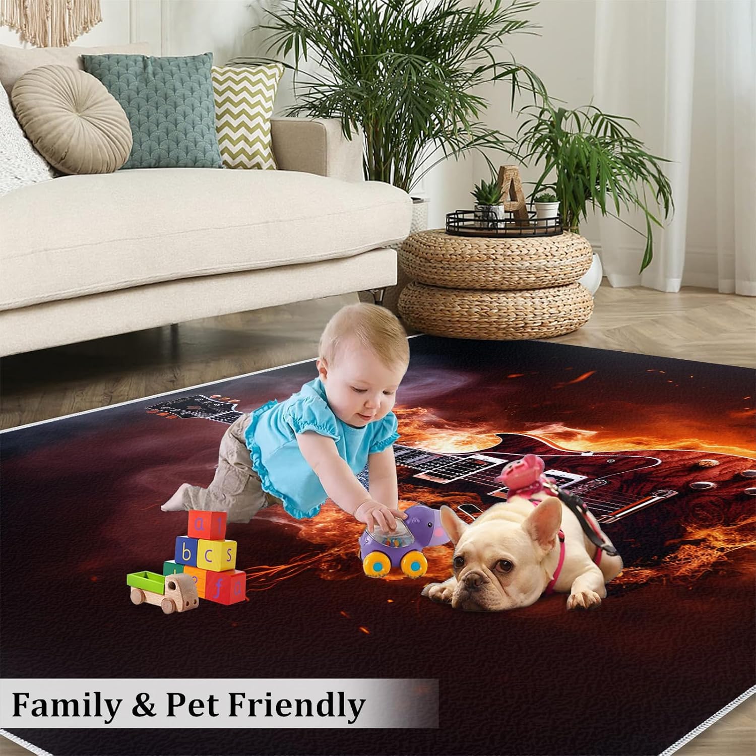 Burning Guitar Music Instrument Area Rug 5x6ft Musical Note Flame Guitar Living Room Rugs, Indoor Non-Slip Kids Rugs, Machine Washable Breathable Durable Carpet for Front Entrance Floor Decor