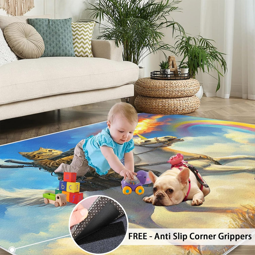 Cartoon Rugs for Living Room, Animal Print Rug, Horse & Cat Prints Washable Rugs for Bedroom, Low Pile & Non Slip, Indoor Carpet, 6x8 Area Rug & Home Decor