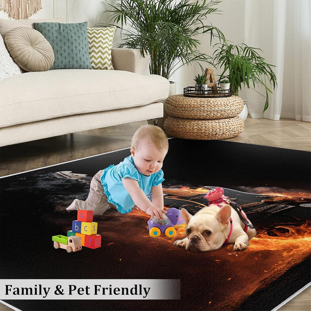 Guitar Rugs for Music Room - Boys Musical Rug, 6x8 Rug, Music Washable Rugs for Living Room Bedroom, Burning Instruments Area Rug, Rock and Roll Carpet - Home Decor, Electric Guitars Gifts for Men