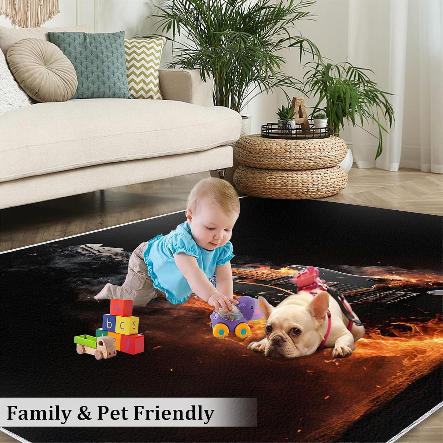 Guitar Rugs for Music Room - Boys Musical Rug, 6x8 Rug, Music Washable Rugs for Living Room Bedroom, Burning Instruments Area Rug, Rock and Roll Carpet - Home Decor, Electric Guitars Gifts for Men