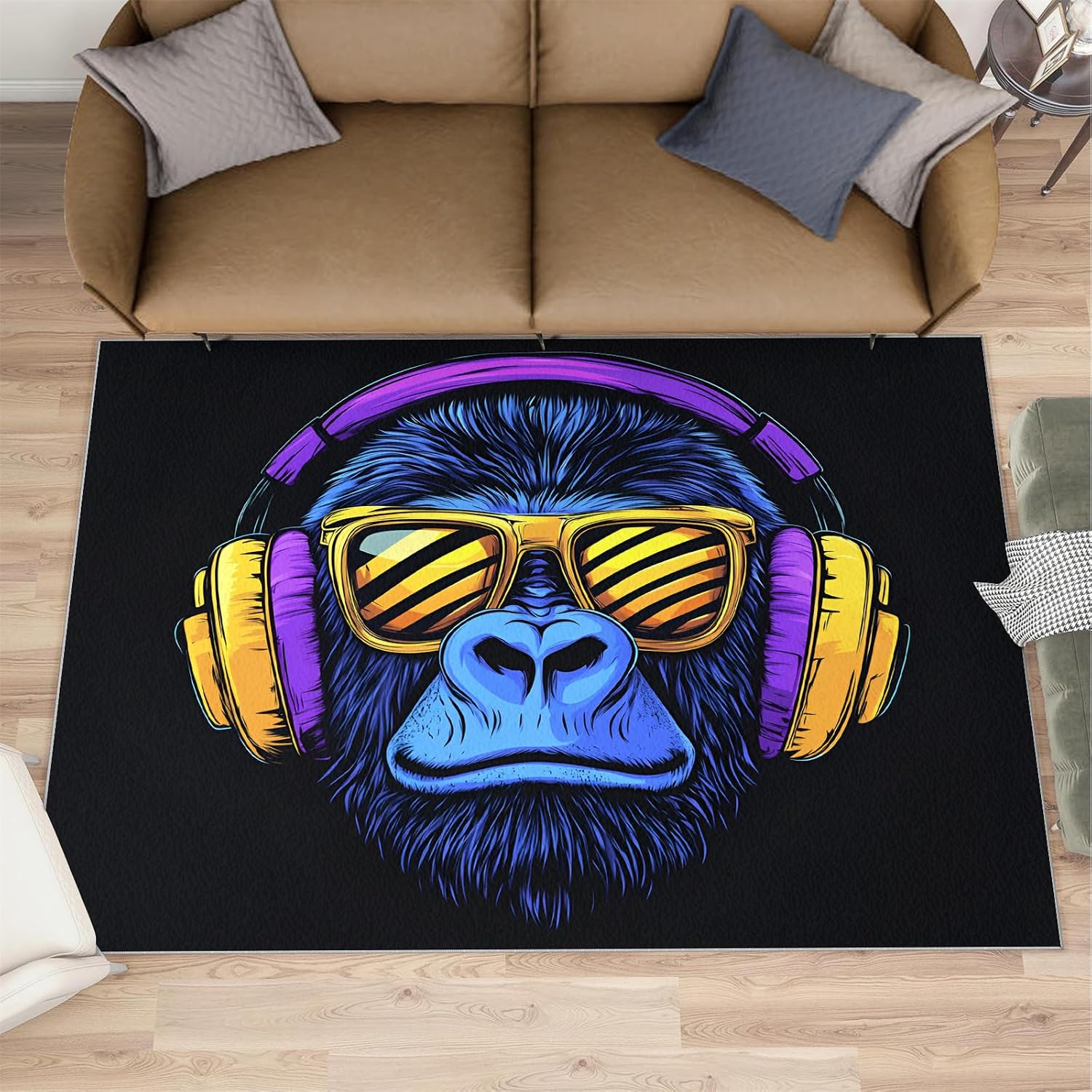 Gorillas Rug - 6x8 Rugs for Bedroom, Music Gorillas Area Rug, Black Monkey Washable Rugs for Living Room, Non Slip Animal Indoor Carpet - Home Decor, Tropical Wildlife Gifts for Kids