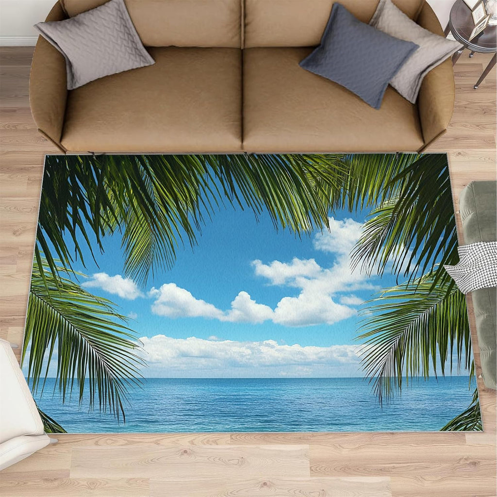 Tropical Palm Leaves Rug 6x8-6x8 Rug, Summer Beach Area Rugs for Living Room Bedroom, Coastal Area Rugs, Blue Ocean Washable Carpet, Landscape Carpet, Beach Home Decor