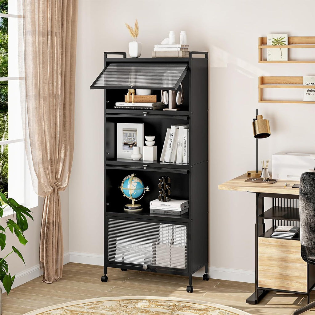 LDAILY 5-Tier Kitchen Storage Cabinet, Mobile Microwave Stand with Metal Frame, Double Anti-toppling Device, 4 Rolling Casters, Freestanding Bakers Rack for Kitchen, Dining Room, Living Room (Black)