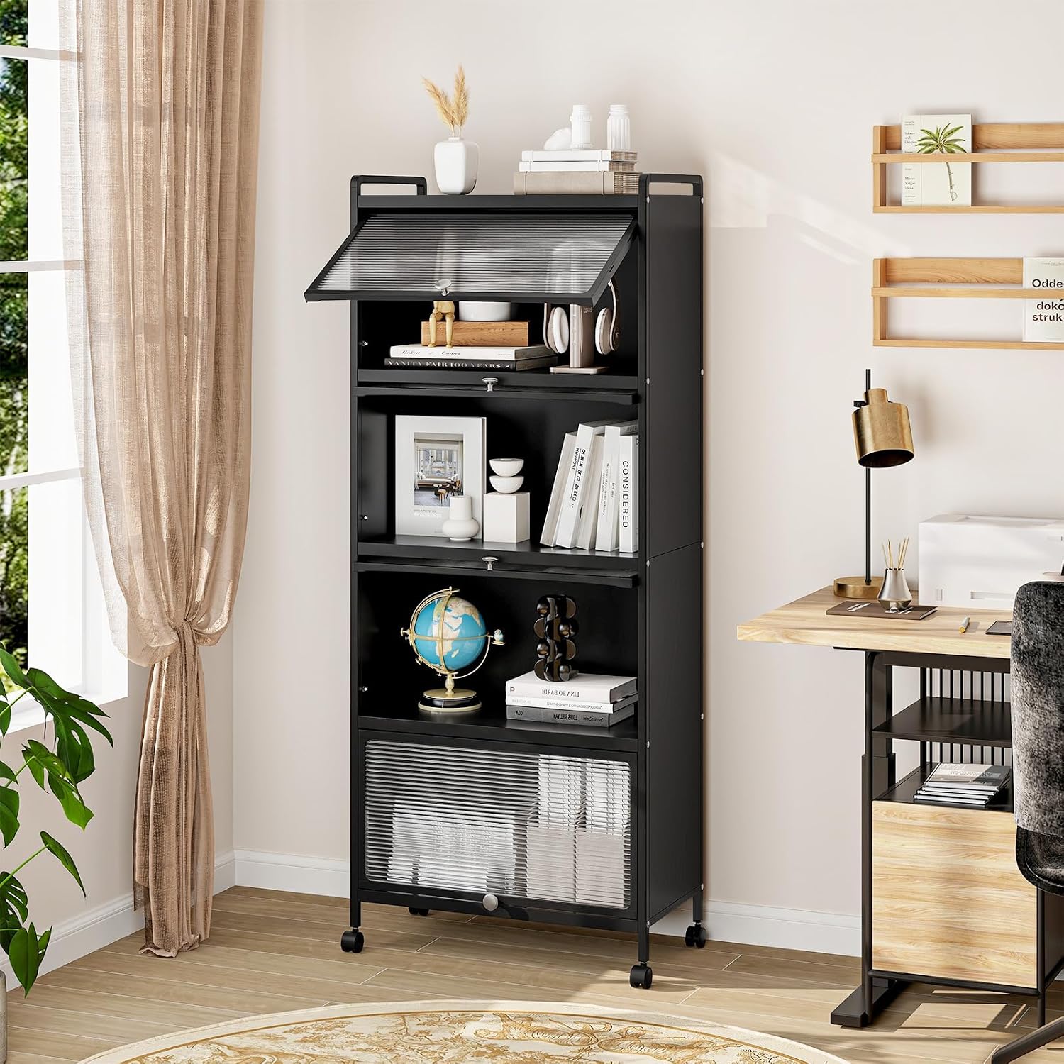 LDAILY 5-Tier Kitchen Storage Cabinet, Mobile Microwave Stand with Metal Frame, Double Anti-toppling Device, 4 Rolling Casters, Freestanding Bakers Rack for Kitchen, Dining Room, Living Room (Black)