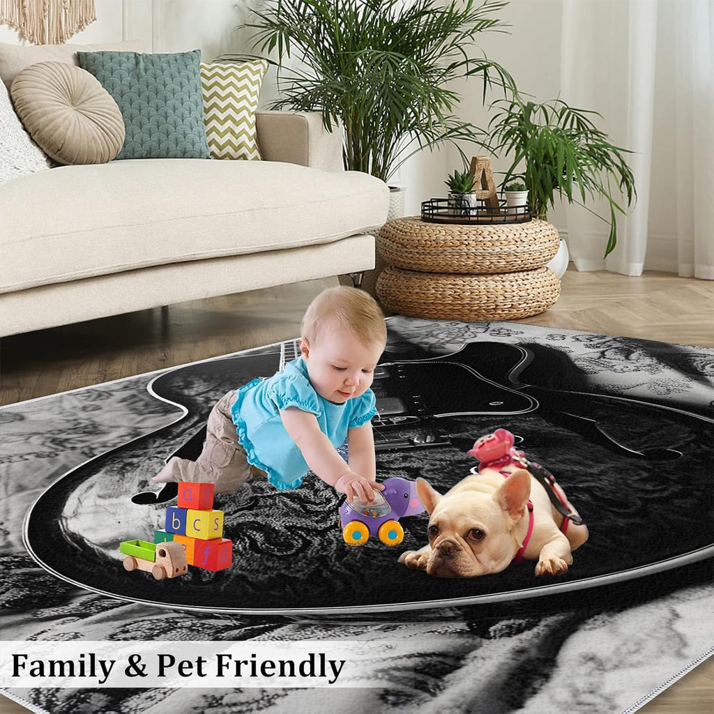 Guitar Rug - 6x8 Rugs for Bedroom, Music Area Rug, Grey Guitar Washable Rugs for Living Room, Non Slip Soft Rock and Roll Indoor Carpet - Home Decor, Music Lover Gifts for Boys