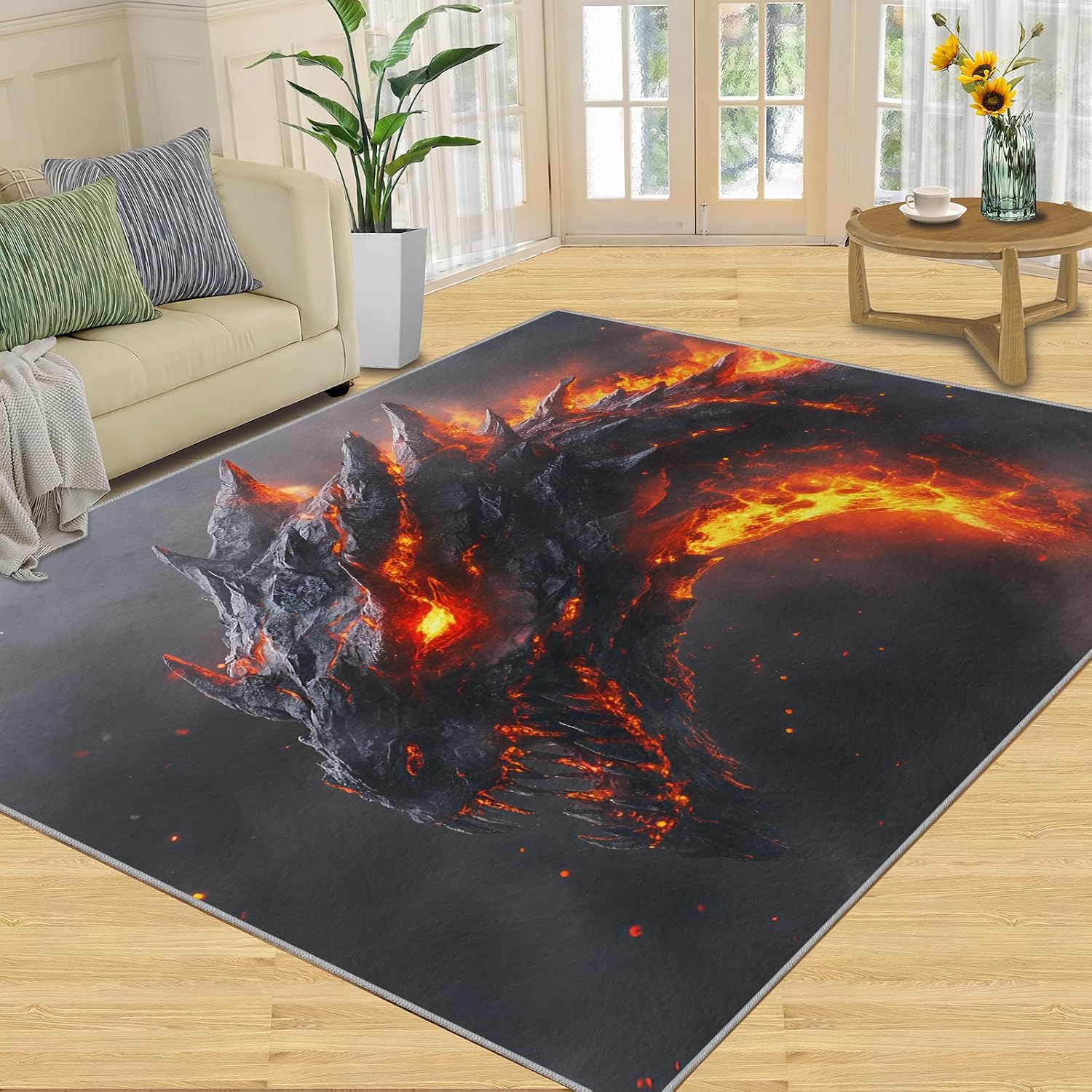 Dragon Rugs for Bedroom, Dragon Rug 6x8, Fantasy Creature Dining Room Rugs Washable & Non Slip Large Carpet for Home Decor