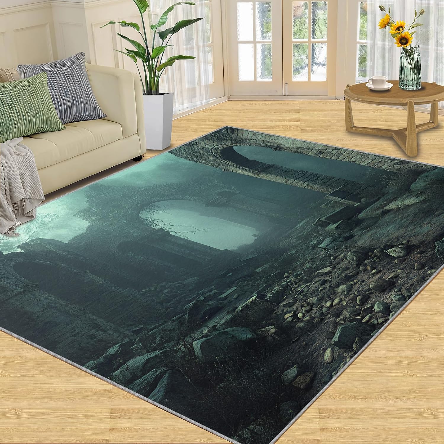 European Area Rug Large - 6x8 Rug, Arch Rugs for Living Room, Historic Ruins Area Rugs for Bedroom, Gothic Washable Carpet, European Home Decor & Gifts