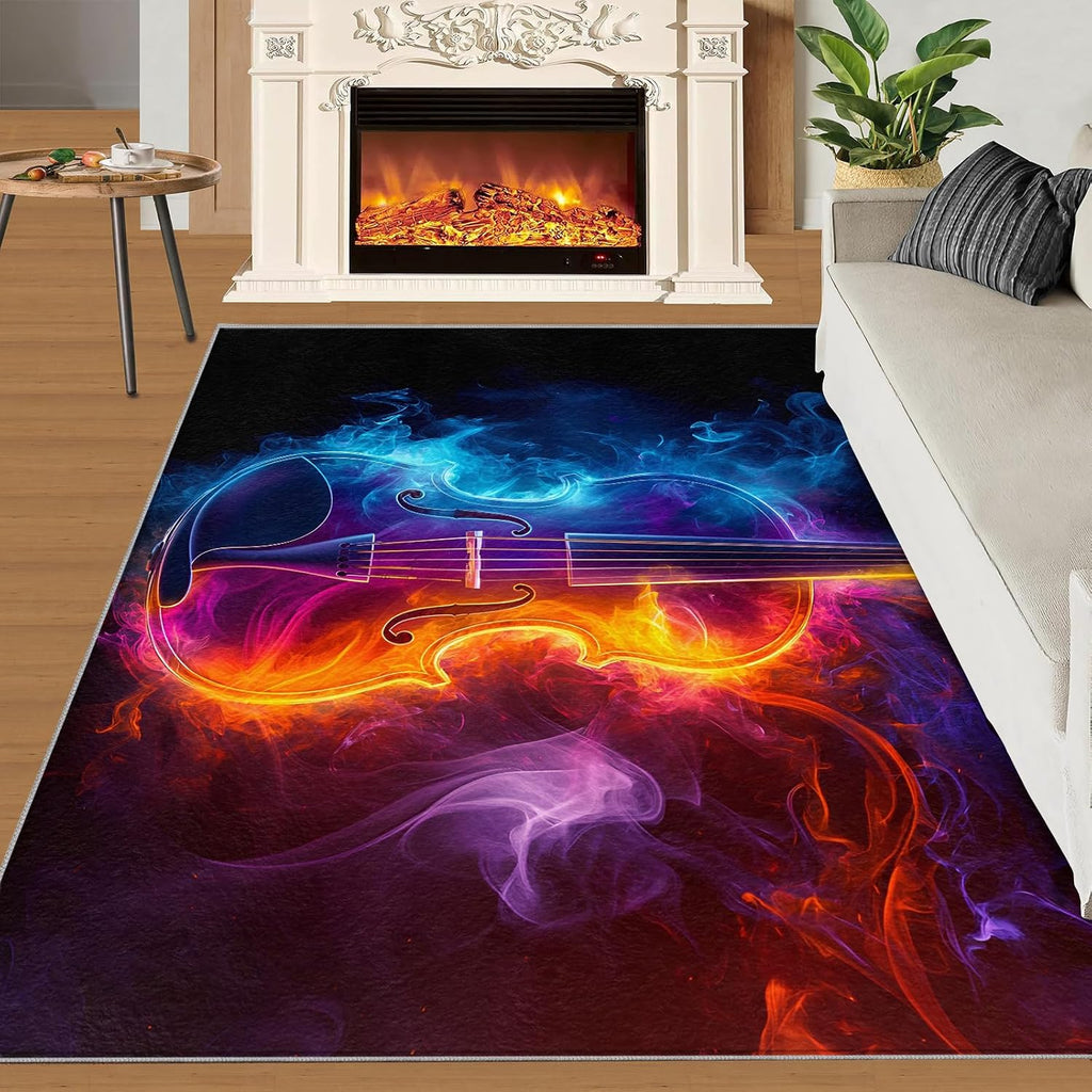 Guitar Rug 5x7-5x7 Rug, Ice and Fire Area Rugs for Bedroom, Music Rugs for Living Room, Boys Room Washable Mat, Rock Style Carpet, Guitar Home Decor & Gifts