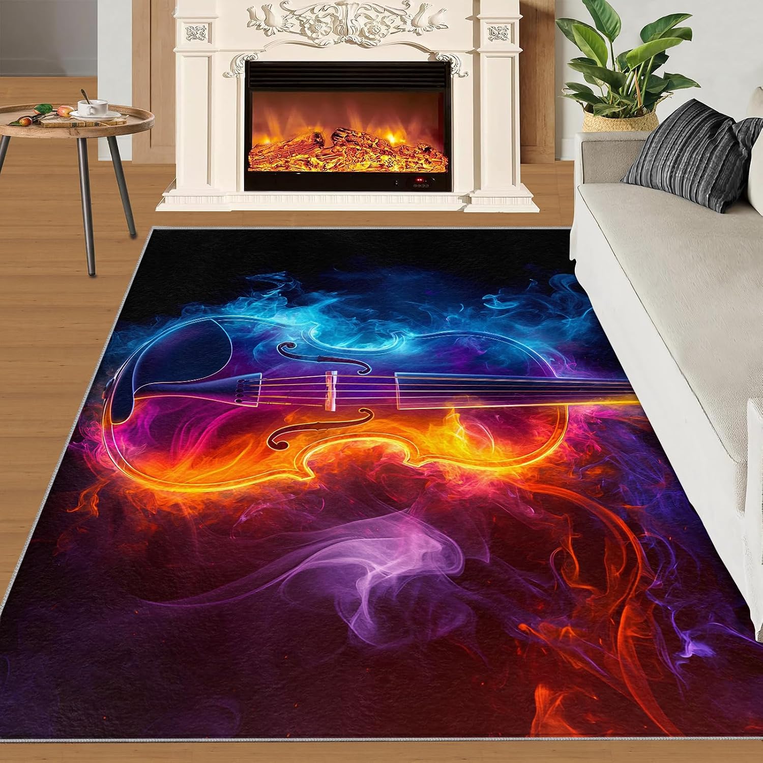 Guitar Rug 6x9-6x9 Rug, Ice and Fire Area Rugs for Bedroom, Music Rugs for Living Room, Boys Room Washable Mat, Rock Style Carpet, Guitar Home Decor & Gifts