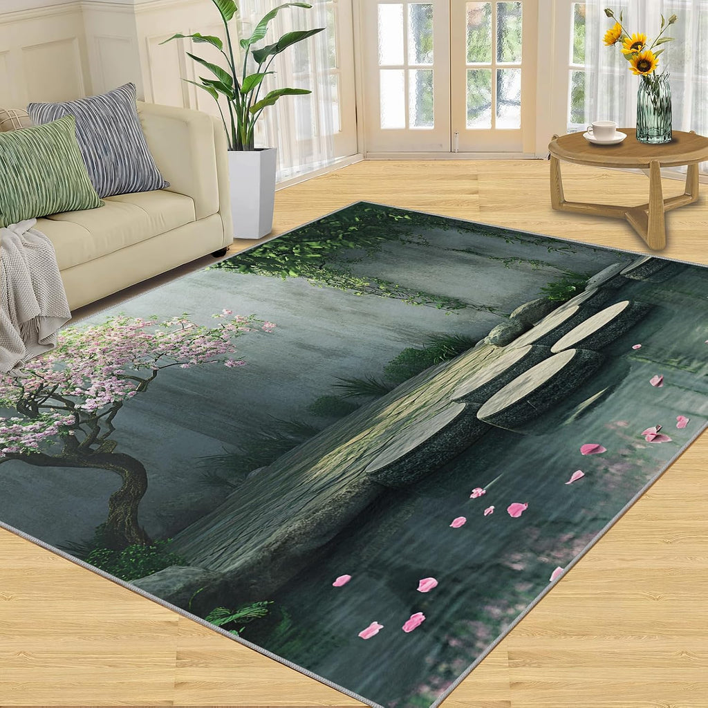 Courtyard Rug 6x8, Chinese Style Rugs for Living Room, Landscape Area Rug, Washable Rugs for Bedroom, Kitchen Dining Room Decor Carpet