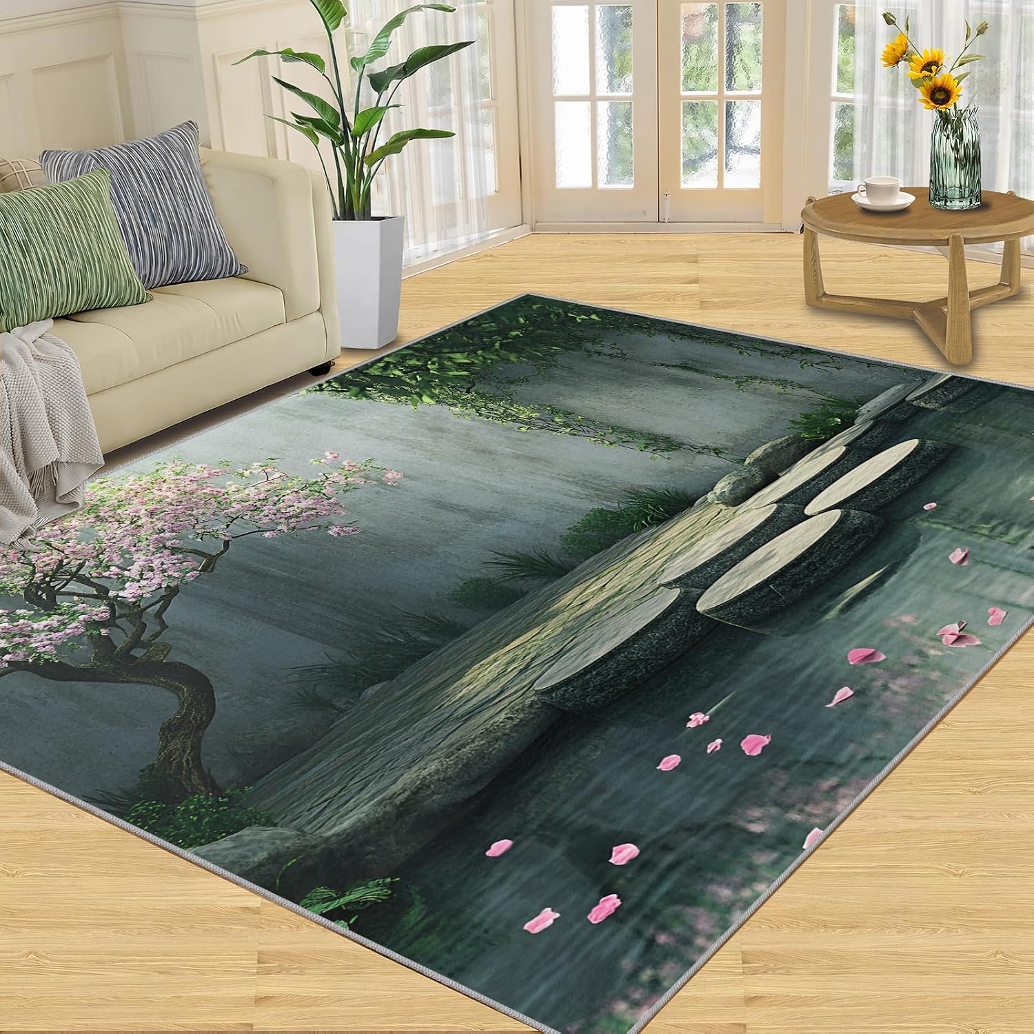 Courtyard Rug 6x8, Chinese Style Rugs for Living Room, Landscape Area Rug, Washable Rugs for Bedroom, Kitchen Dining Room Decor Carpet