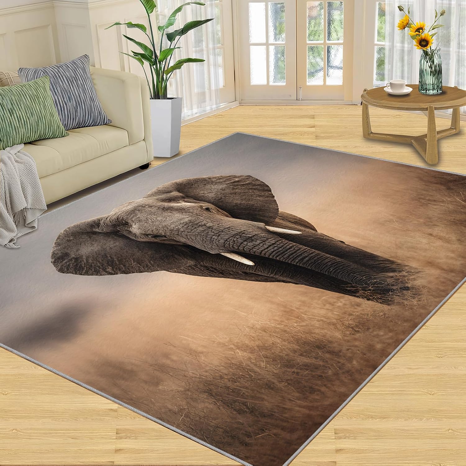 Elephant Rugs for Bedroom, African Elephant Rug 6x8, Savanna Animals Dining Room Rugs Washable & Non Slip Large Carpet for Home Decor