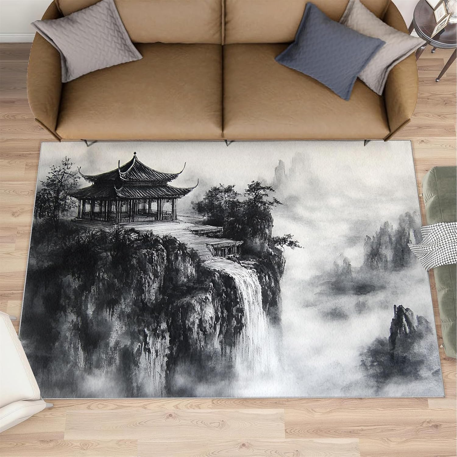 Chinese Ink Painting Area Rug 6x8 - Landscape Pavilions Large Rugs for Living Room, Traditional Carpet Area Rug for Girls Bedroom Kids Room Basement Office Classroom