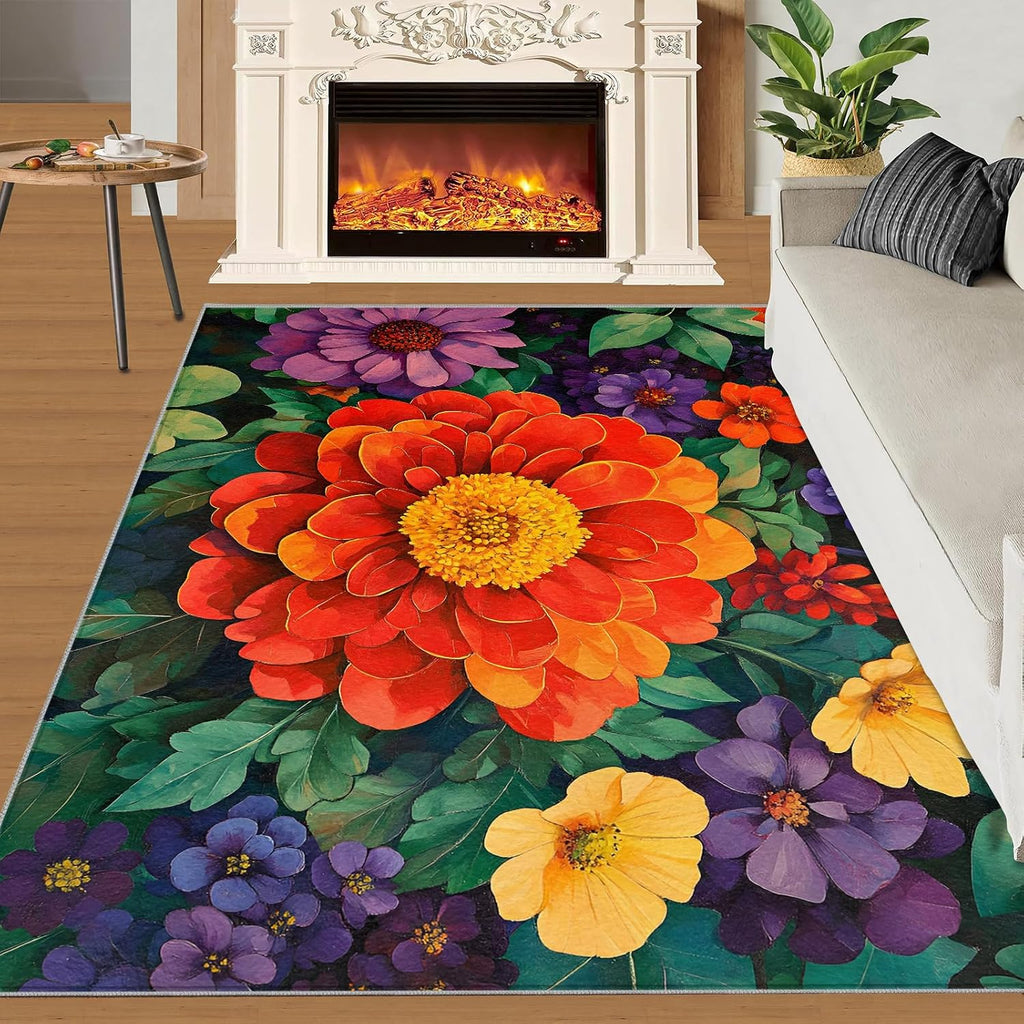 6x8 Florals Classroom Rugs - Flowers Playroom Rug, Botanical Art Carpet Area Rug for Girls Bedroom Kids Room Basement Office Classroom