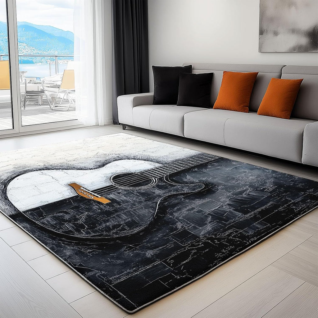 Abstract Modern Oil Painting Guitar Print 5 x 7 ft Area Rugs for Living Room, Washable Carpet for Bedroom Black and White Non-Slip Rug - Stain Resistant Carpets for Kids Playroom Classroom Dining Room