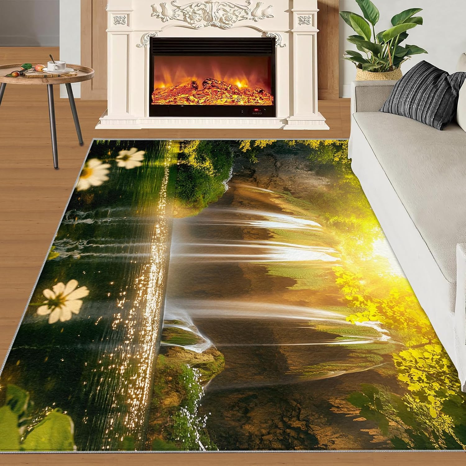 Natural Waterfall Rug - 6x8 Rug, Green Forest Area Rugs for Bedroom, Natural Scenery Rugs for Living Room, Landscape Washable Carpet, Waterfall Home Decor & Gifts