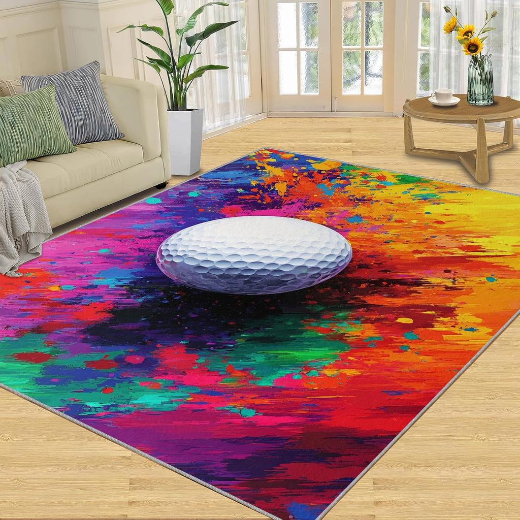 Golf Rug 6x8-6x8 Rug, Sports Theme Area Rugs for Bedroom, Colorful Ink Splash Rugs for Living Room, Modern Art Washable Carpet, Golf Home Decor & Gifts
