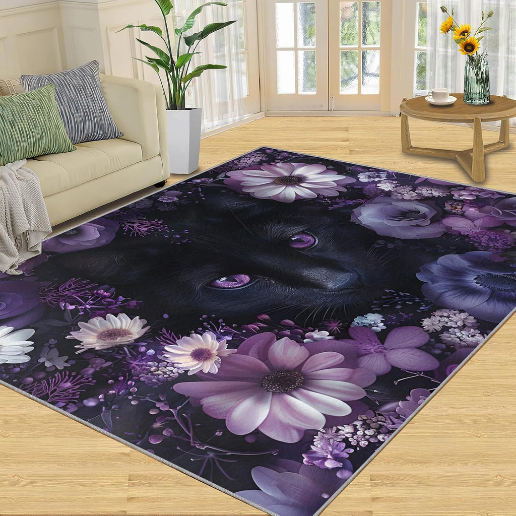 Black Cat Rug for Kids Room - 6x8 Large Rug, 3D Purple Eyes Cat Kitten Rugs for Bedroom Beautiful Flower Area Rugs for Living Room Home Decor Washable Rug