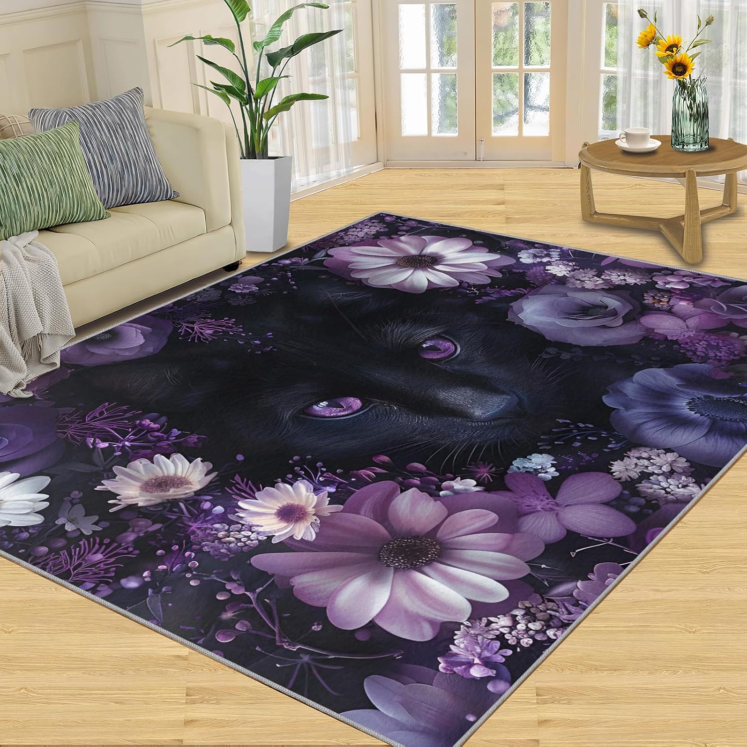 Black Cat Rug for Kids Room - 6x8 Large Rug, 3D Purple Eyes Cat Kitten Rugs for Bedroom Beautiful Flower Area Rugs for Living Room Home Decor Washable Rug