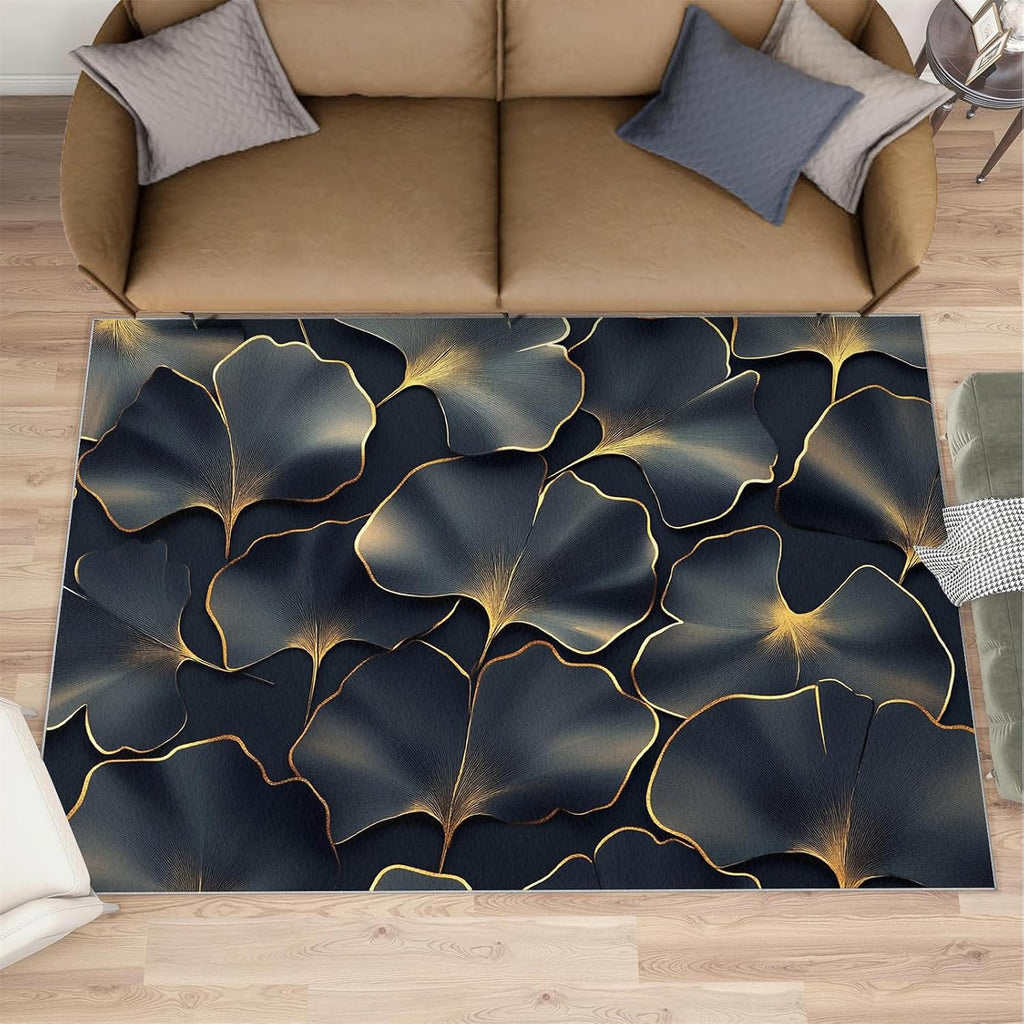 Ginkgo Leaves Rugs for Bedroom - 6x8 Rug, Black Gold Leaves Area Rugs for Living Room, Modern Luxury Carpet, Botanical Washable Area Mat, Plant Carpet, Ginkgo Leaf Home Decor & Gifts