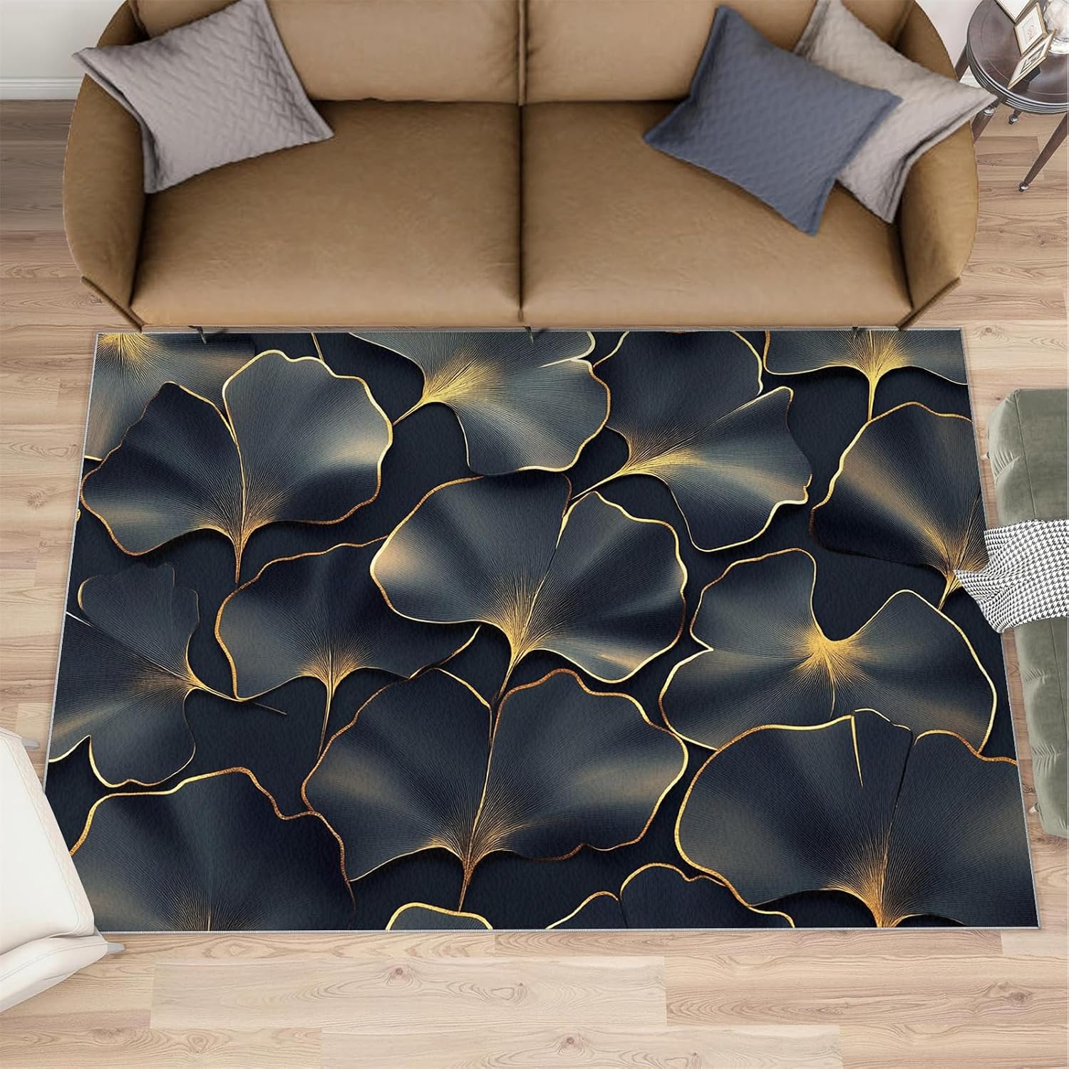 Ginkgo Leaves Rugs for Bedroom - 6x8 Rug, Black Gold Leaves Area Rugs for Living Room, Modern Luxury Carpet, Botanical Washable Area Mat, Plant Carpet, Ginkgo Leaf Home Decor & Gifts