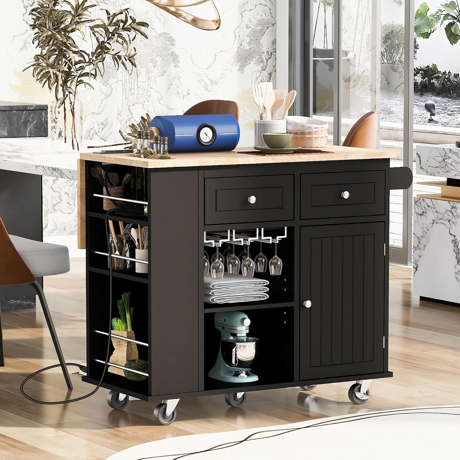 Merax 40' Width Kitchen Island with Storage, Rolling Kitchen Islands Cart with Power Outlet & Open Storage Shelves, Drop Leaf, Rubberwood Top, Lockable Wheels, Wine Rack, Towel Rack (Black)