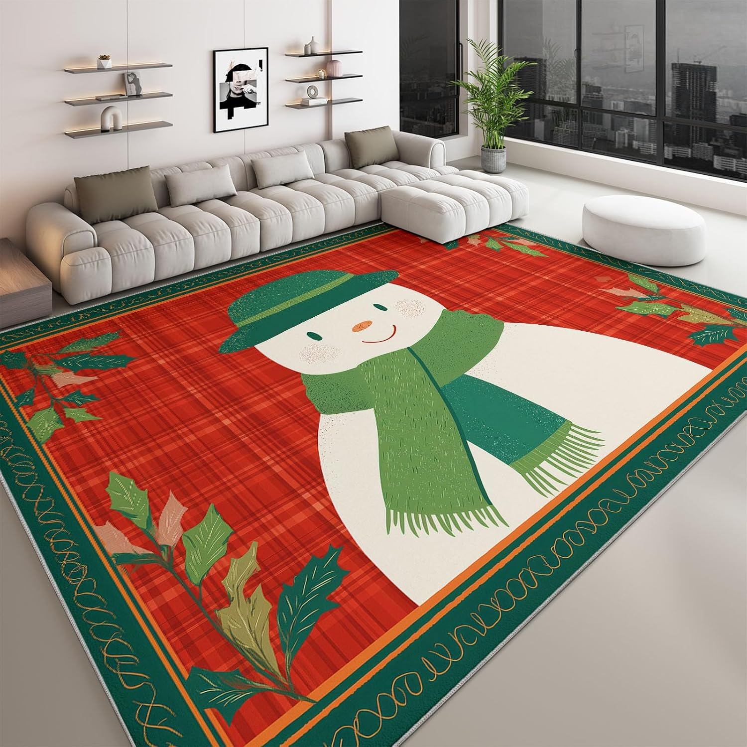 Washable Area Rug 5 x 7 ft, Cartoon Plants Leaves Snowman Soft Print Kids Area Rugs for Living Room - Non-Slip Stain Resistance Red Indoor Carpet for Bedroom Kid Nursery Playroom