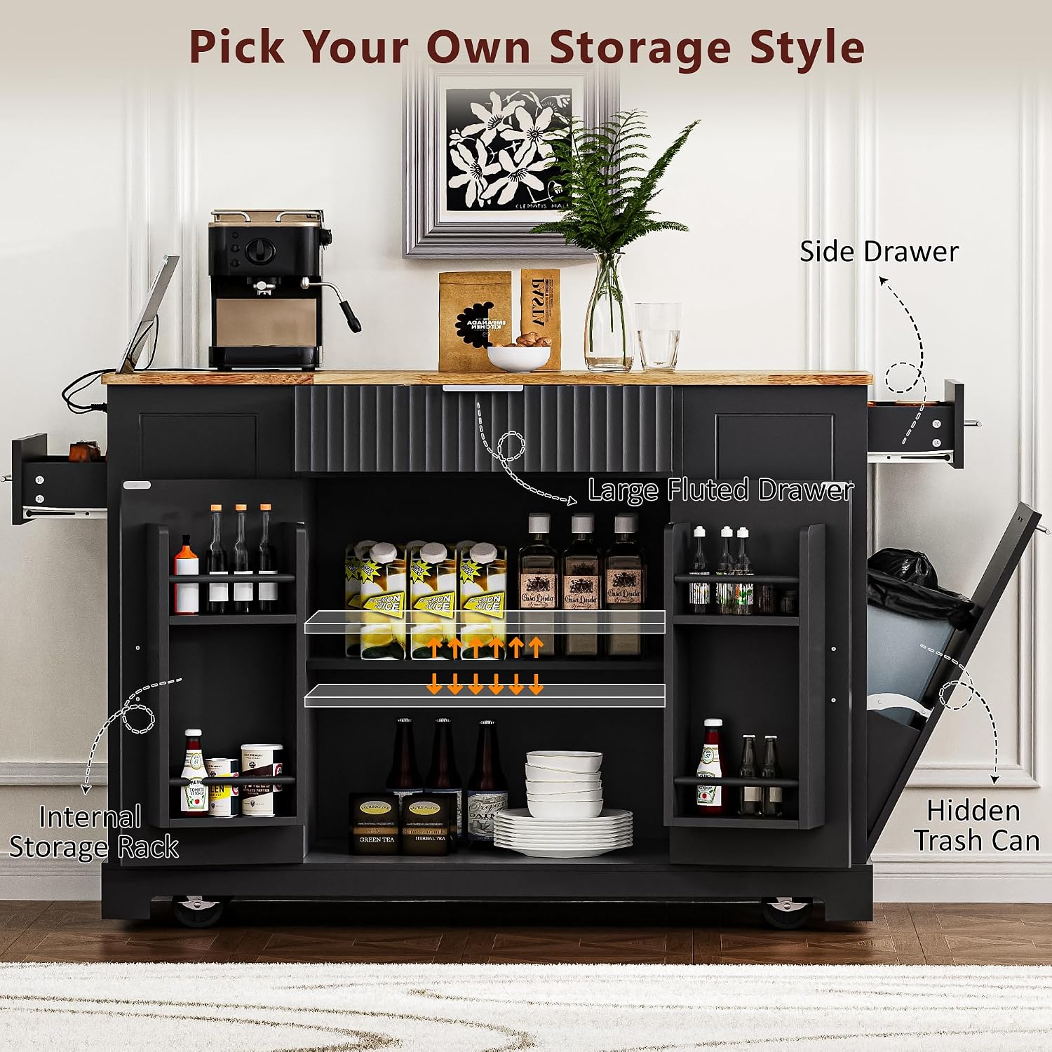Modern Kitchen Storage Island with Trash Can Cabinet & Power Outlet, Rolling Kitchen Island Cart on Wheels with Open Side Shelves and Towel Rack, 53-Inch, Black
