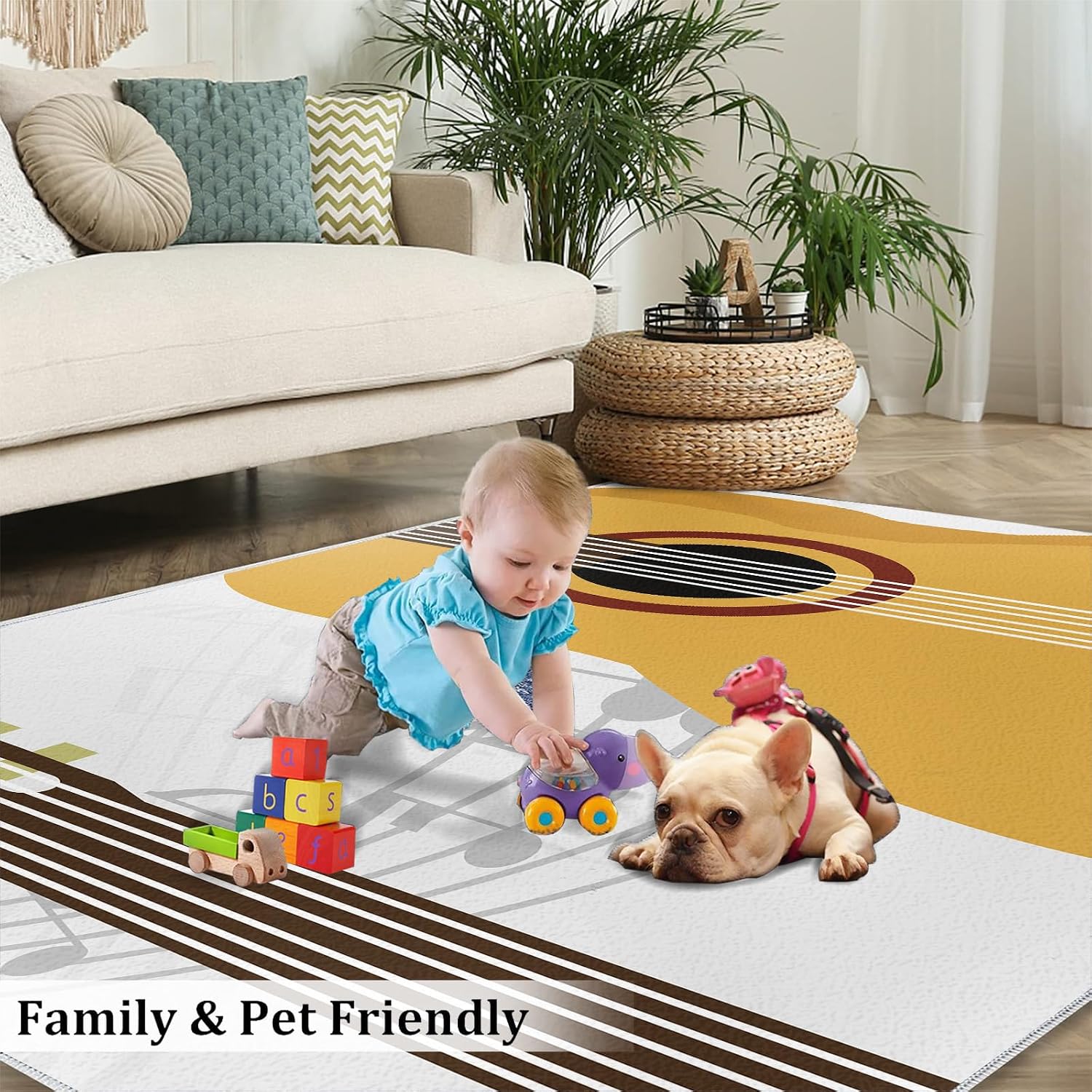 Modern Guitar Enthusiast Area Rug, Lilting Musical Notes Rugs for Living Room, Indoor Non-Slip Kids Rugs, Machine Washable Breathable Durable Carpet for Front Entrance Floor Decor,6 x 9ft