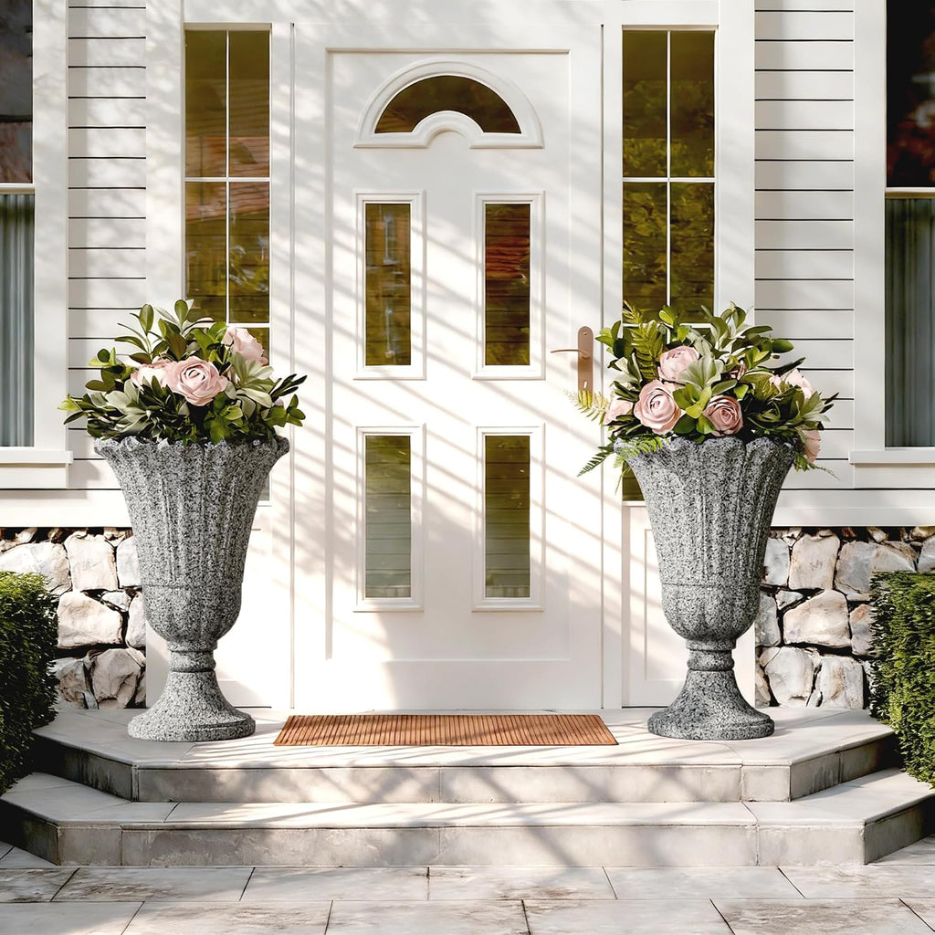 Plastic Urn Planters Set of 2, 23.6' Tall Pedestal Planter with Drainage Holes, Vintage Petal Garden Planter Urns for Front Porch, Large Plant Urns Outdoor & Indoor Flower Pots, Heather Gray