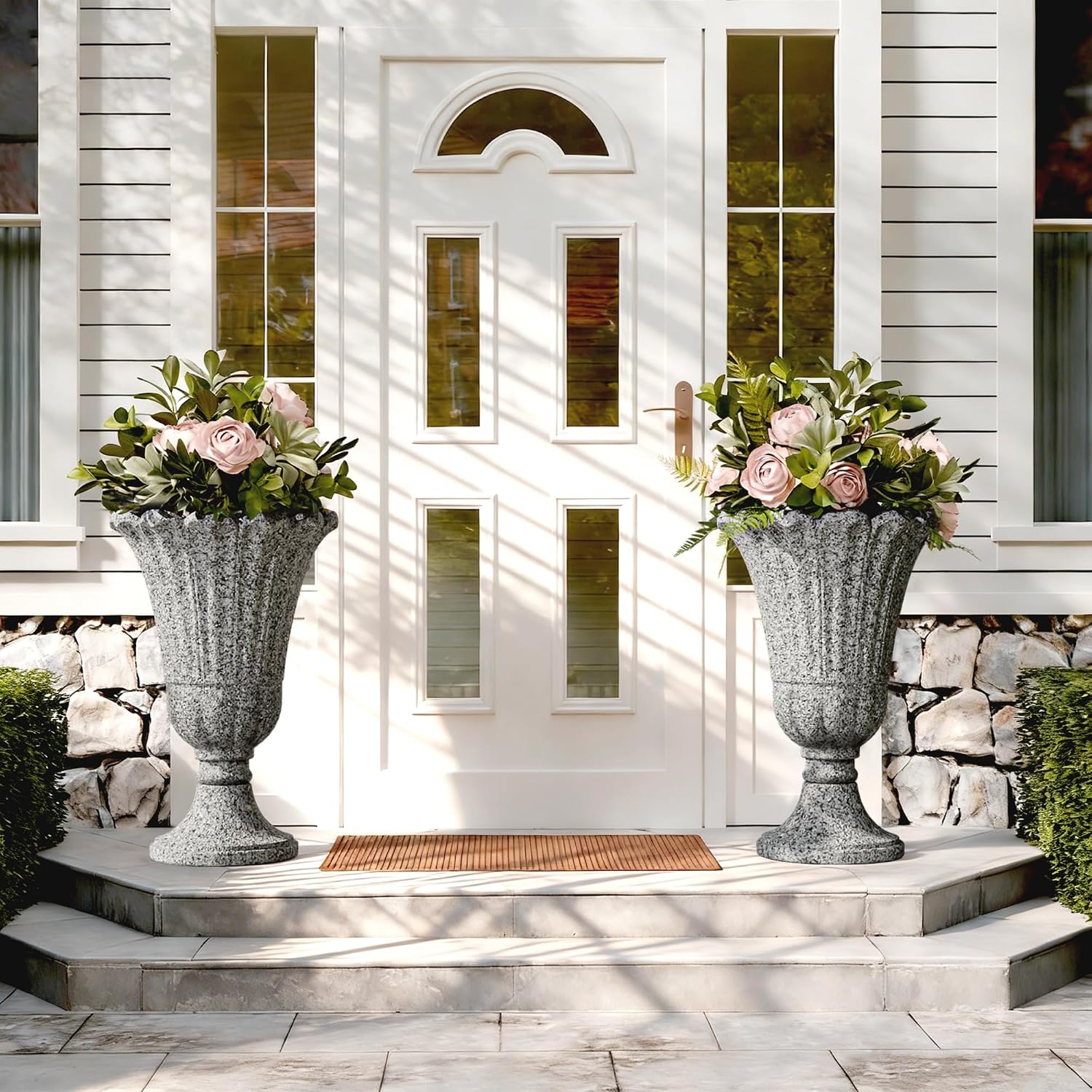 Plastic Urn Planters Set of 2, 23.6' Tall Pedestal Planter with Drainage Holes, Vintage Petal Garden Planter Urns for Front Porch, Large Plant Urns Outdoor & Indoor Flower Pots, Heather Gray