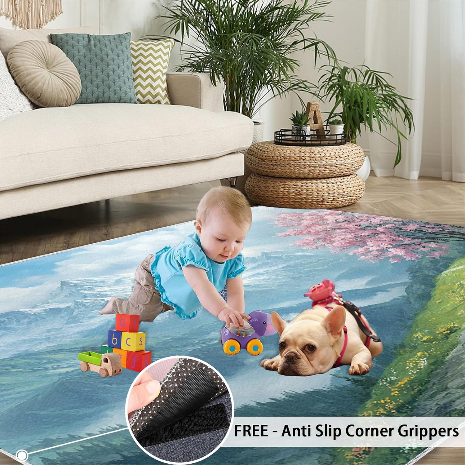 Cherry Blossoms Rugs for Living Room 6x8 Rug, Mountains Area Rug, Natural Scenery Rugs, Large Machine Washable Rug, Non-Slip Floor Carpet for Bedroom Kids Room Home Decor
